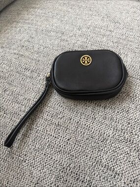 Tory Burch Black Leather Wristlet with Gold Logo Medallion